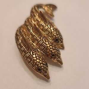 Vintage Gold Tone Triple Fish Brooch Pin